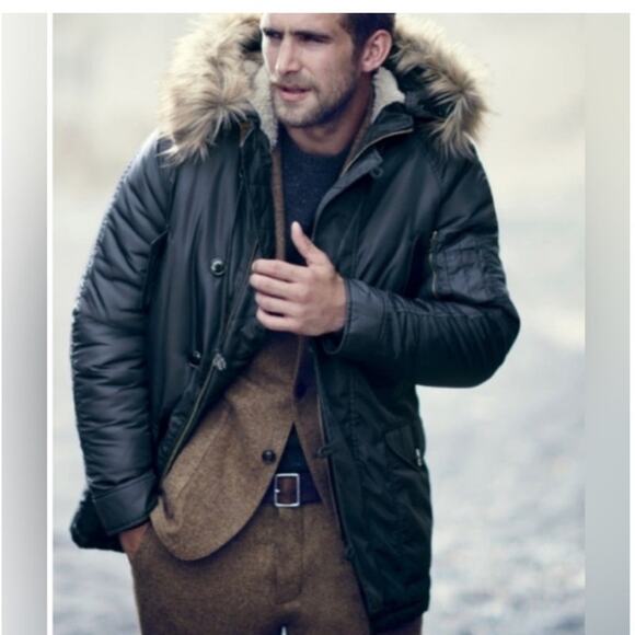 J. Crew Mens Snorkel Parka Jacket Faux Fur Hood Navy Blue Cold Weather Size S - Picture 1 of 16
